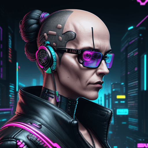 AI generated: nft style, cyberpunk, synthwave, bald, middle-aged, wearing glasses,tarot card with intricate detail...