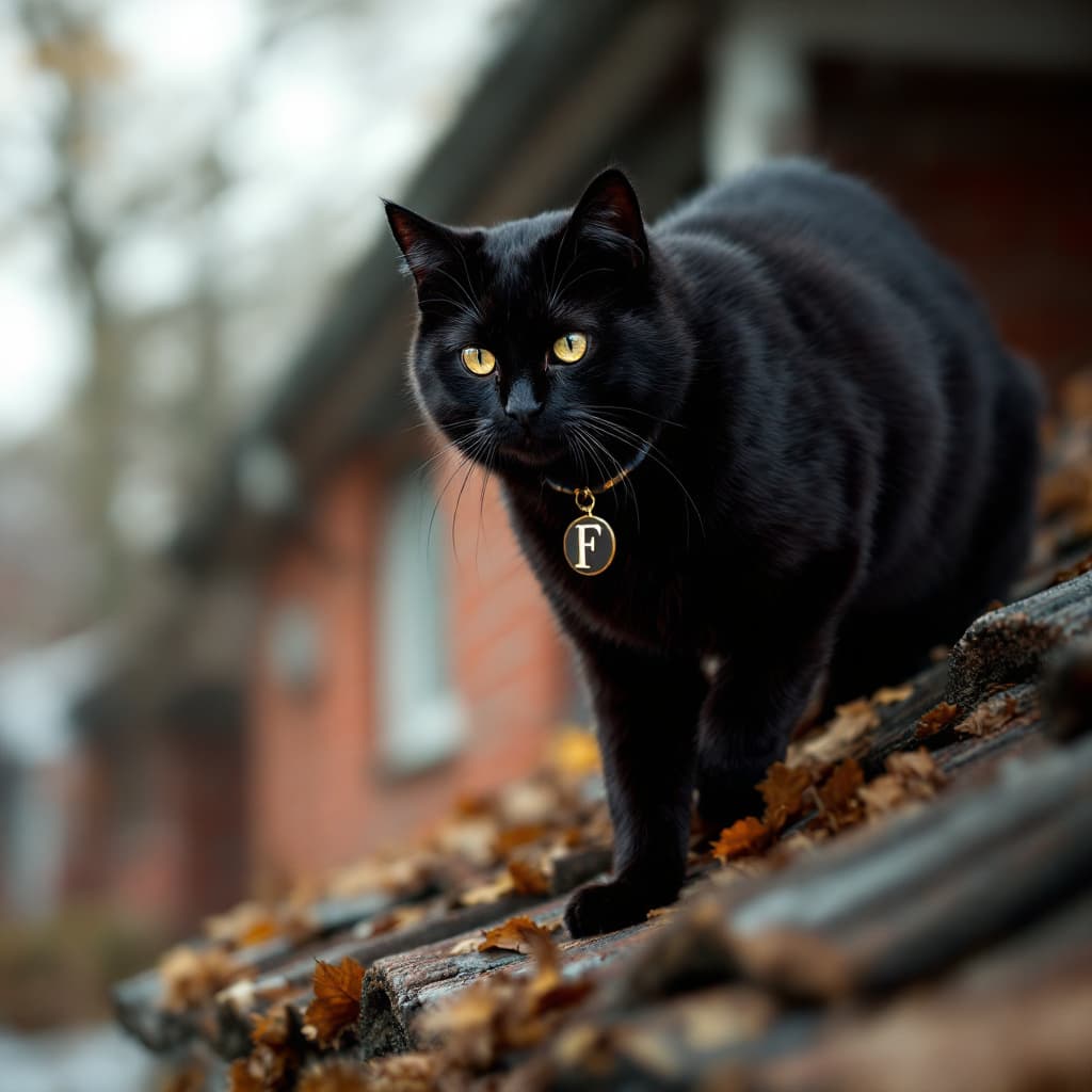 AI generated: /imagine prompt:Black cat, jet black fur, shiny, collared with the initials F, with a regal and comm...