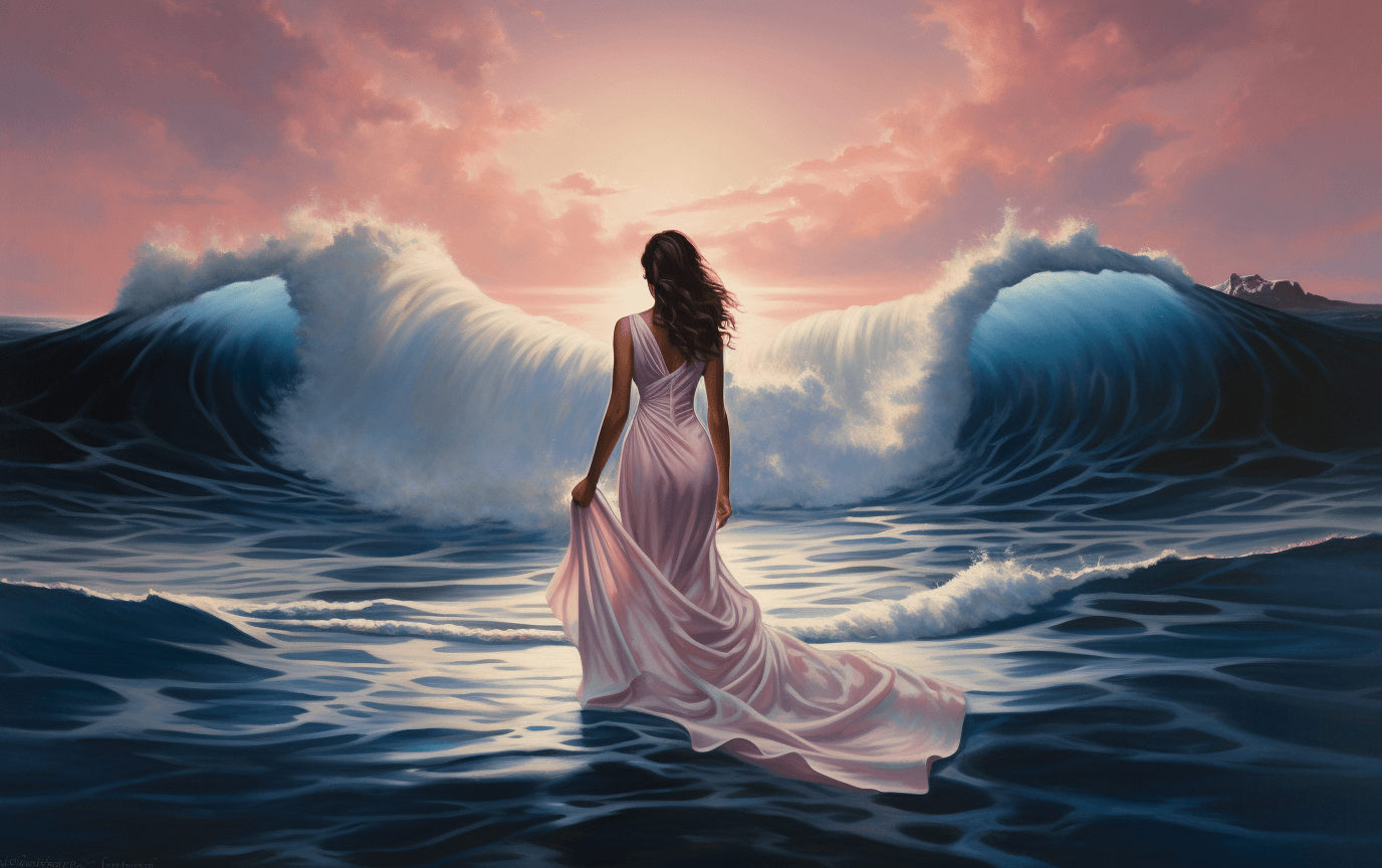 AI generated: A woman is walking through the ocean in a white dress, in the style of david michael bowers, mytholo...