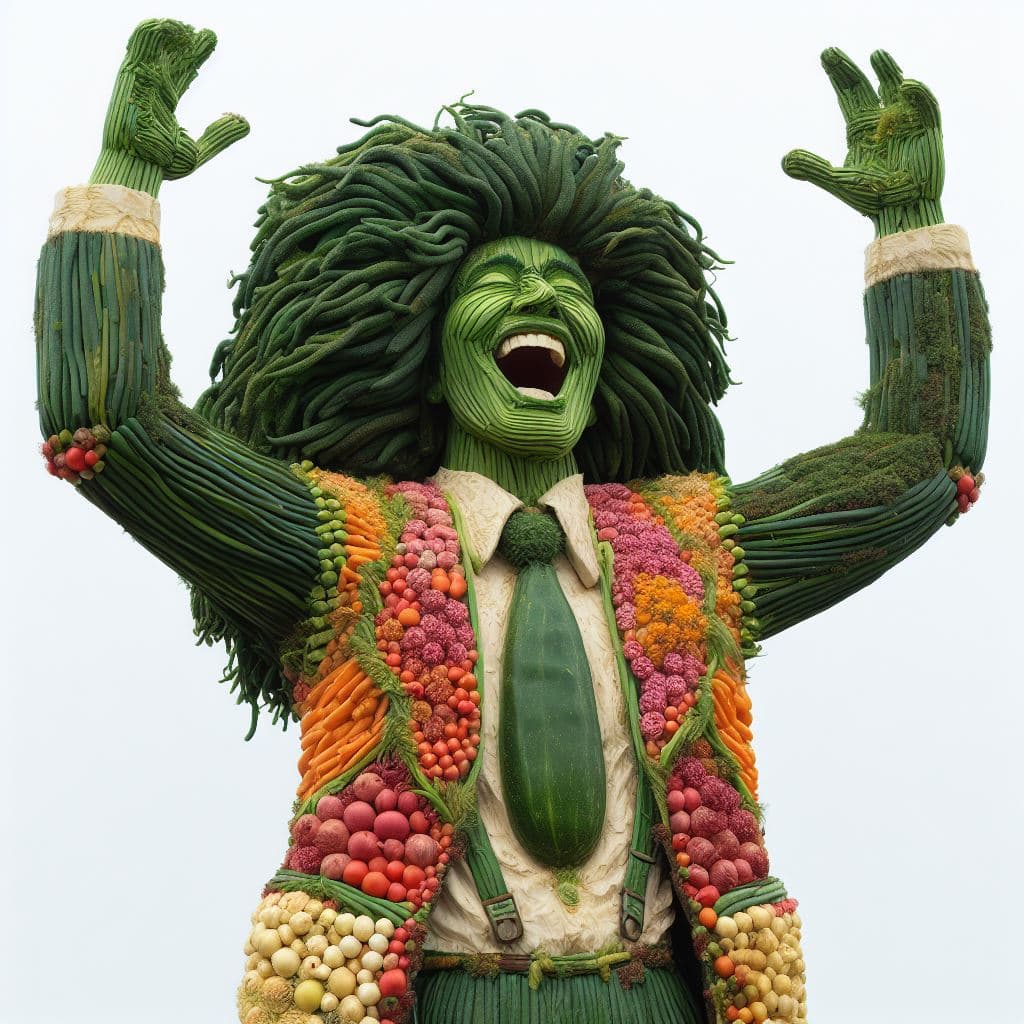 AI generated: a person who consists only of vegetables. he laughs.