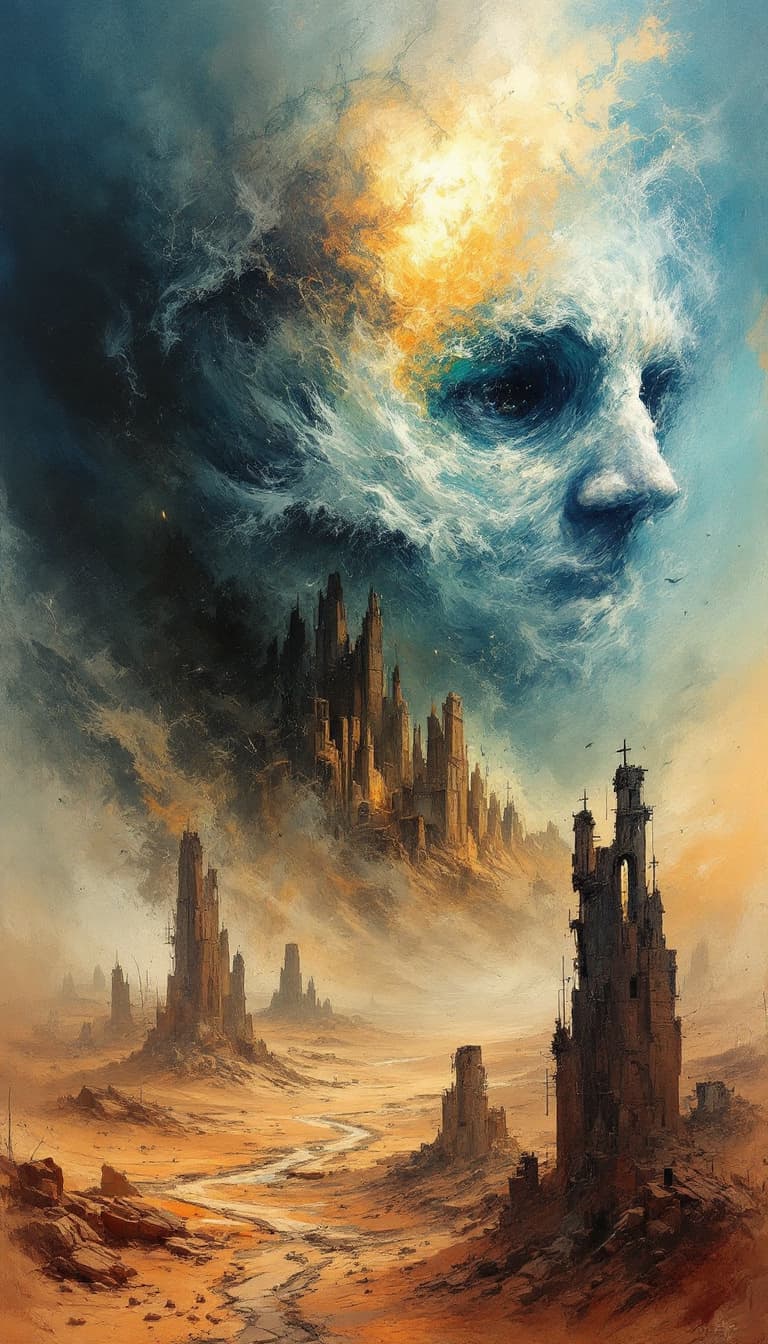 AI generated: surreal epic abstract double exposure fantasy rough hand-painted sketch featuring the top half of th...