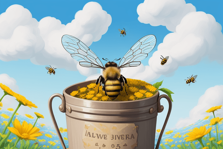 AI generated: close up of a  cute bee hold a bucket of honey and flies with it  over a flower meadow ,blue sky, fl...