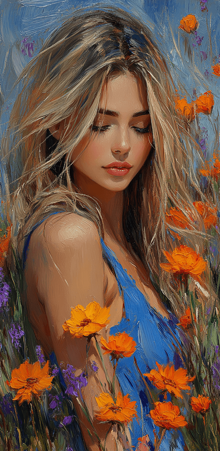 AI generated: An oil on canvas painting of a beautiful woman, mid-20's, wearing a blue sundress and holding marigo...