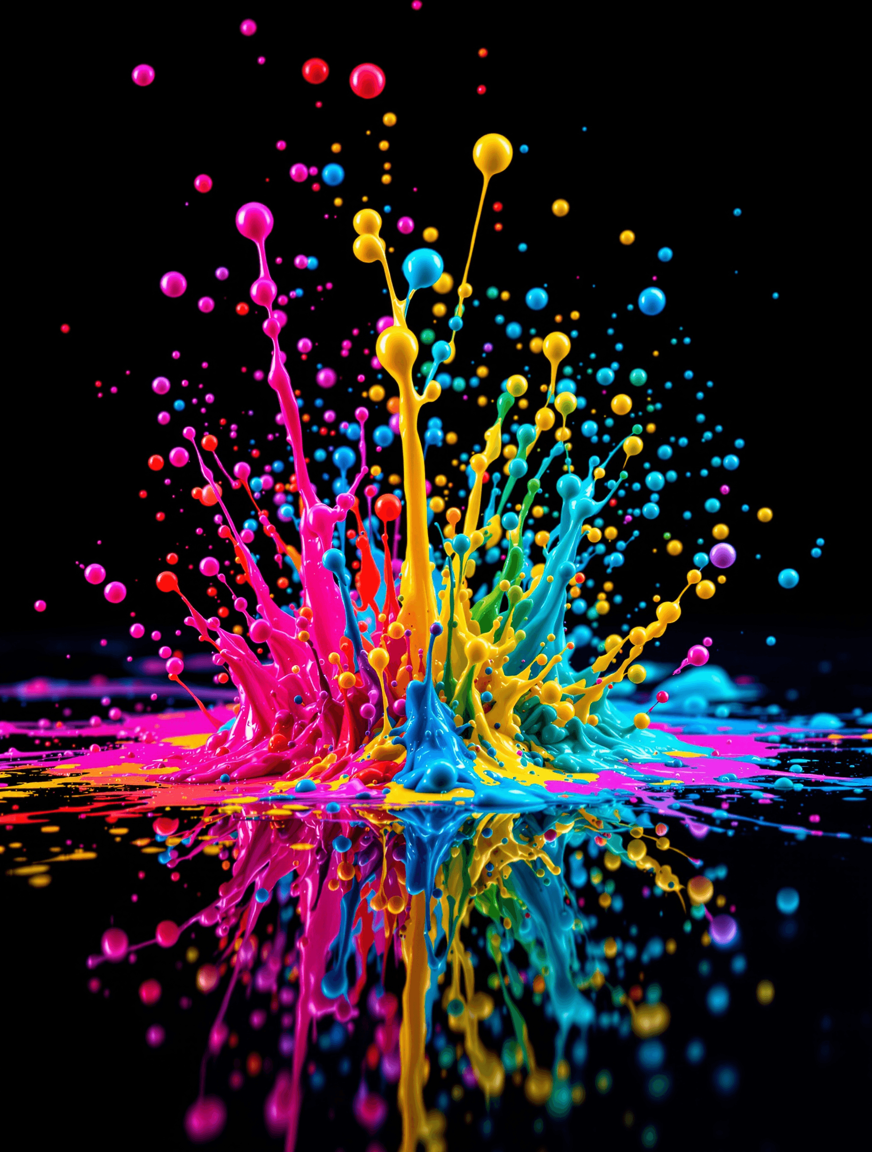 AI generated: A high-detail macro photograph of vibrant, colorful paint splatter on a glossy black reflective surf...