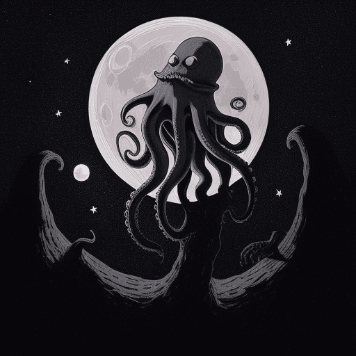 AI generated: a digital illustration of, a giant octopus wrapping its tentacles around the moon, in the darkness o...