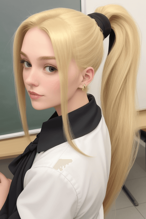 AI generated: (((25 yo teacher, blonde high ponytail long hair

