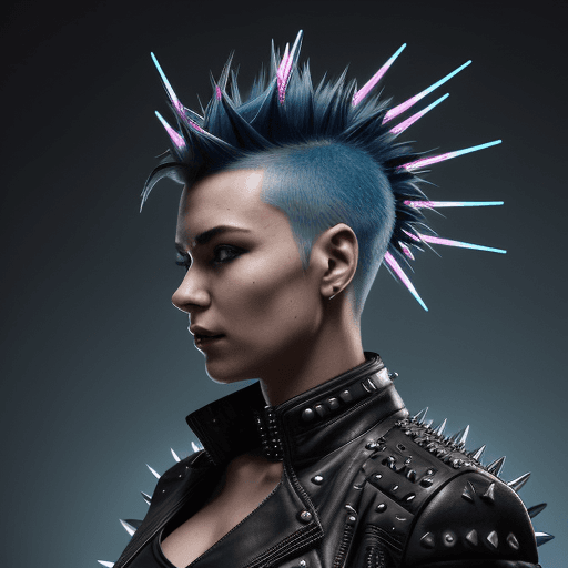 AI generated: "Create a highly detailed cyberpunk portrait of a person with a spiky blue mohawk, shown at a 60-deg...