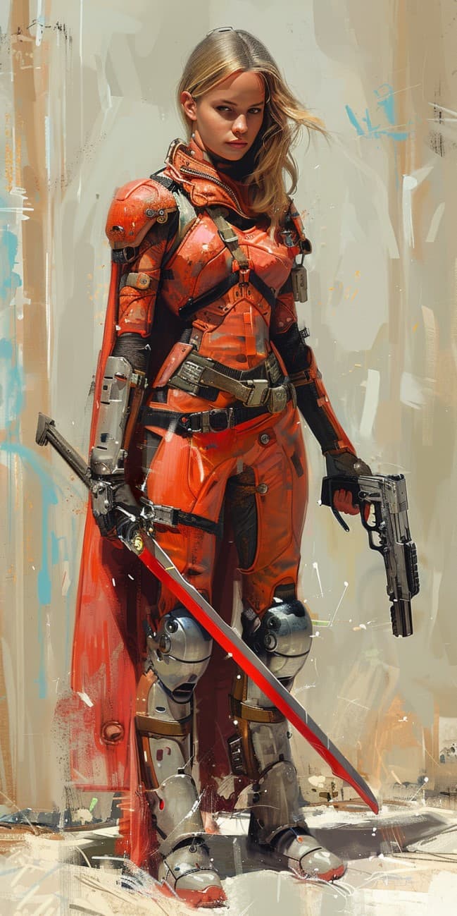AI generated: Cyberpunk, A cyberpunk elf with a sword in one hand and a pistol in the other. She has a chrome arm....