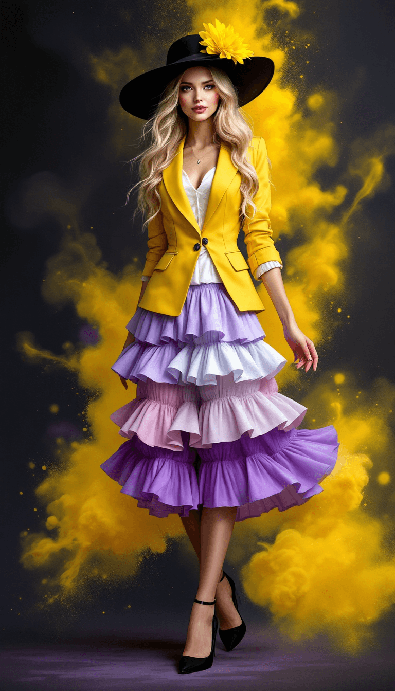 AI generated: A digital illustration of a young woman posing in a fashionable outfit. She is wearing a yellow blaz...