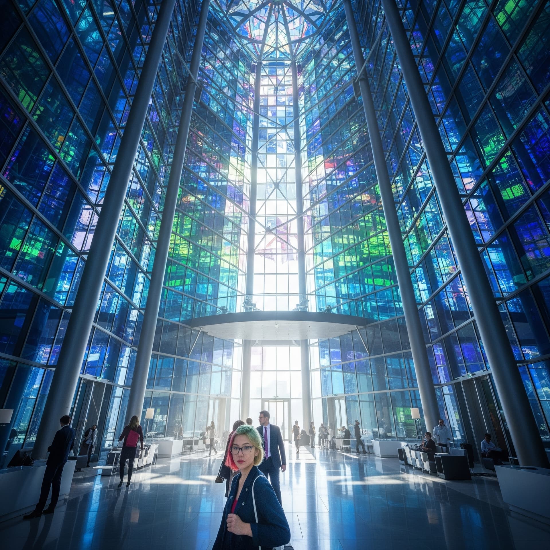 AI generated: A dramatic, wide-angle, POV shot from within the lobby of a futuristic skyscraper, where every wall,...