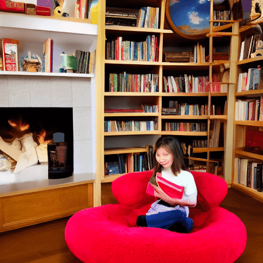 AI generated: A cozy living room with a fireplace and a bookshelf filled with books. The protagonist, Lily, a youn...