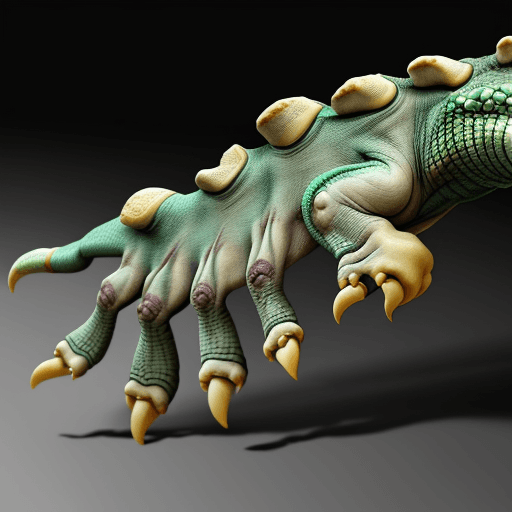 AI generated: a human foot similar to a dinosaur's foot with reptile claws instead of human nails.