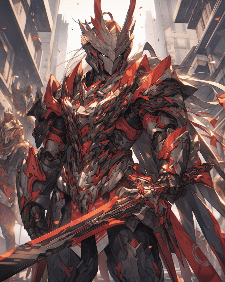 AI generated: dark knight game art, in the style of mecha anime, light bronze and red, rococo-inspired art, sharp ...