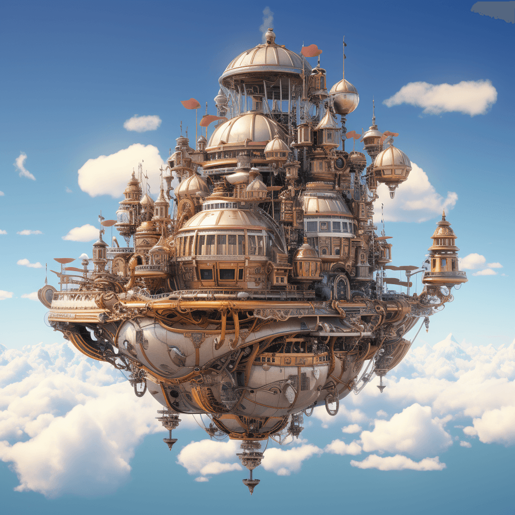AI generated: futuristic structure which is floating on top of the clouds, in the style of intricate steampunk, el...