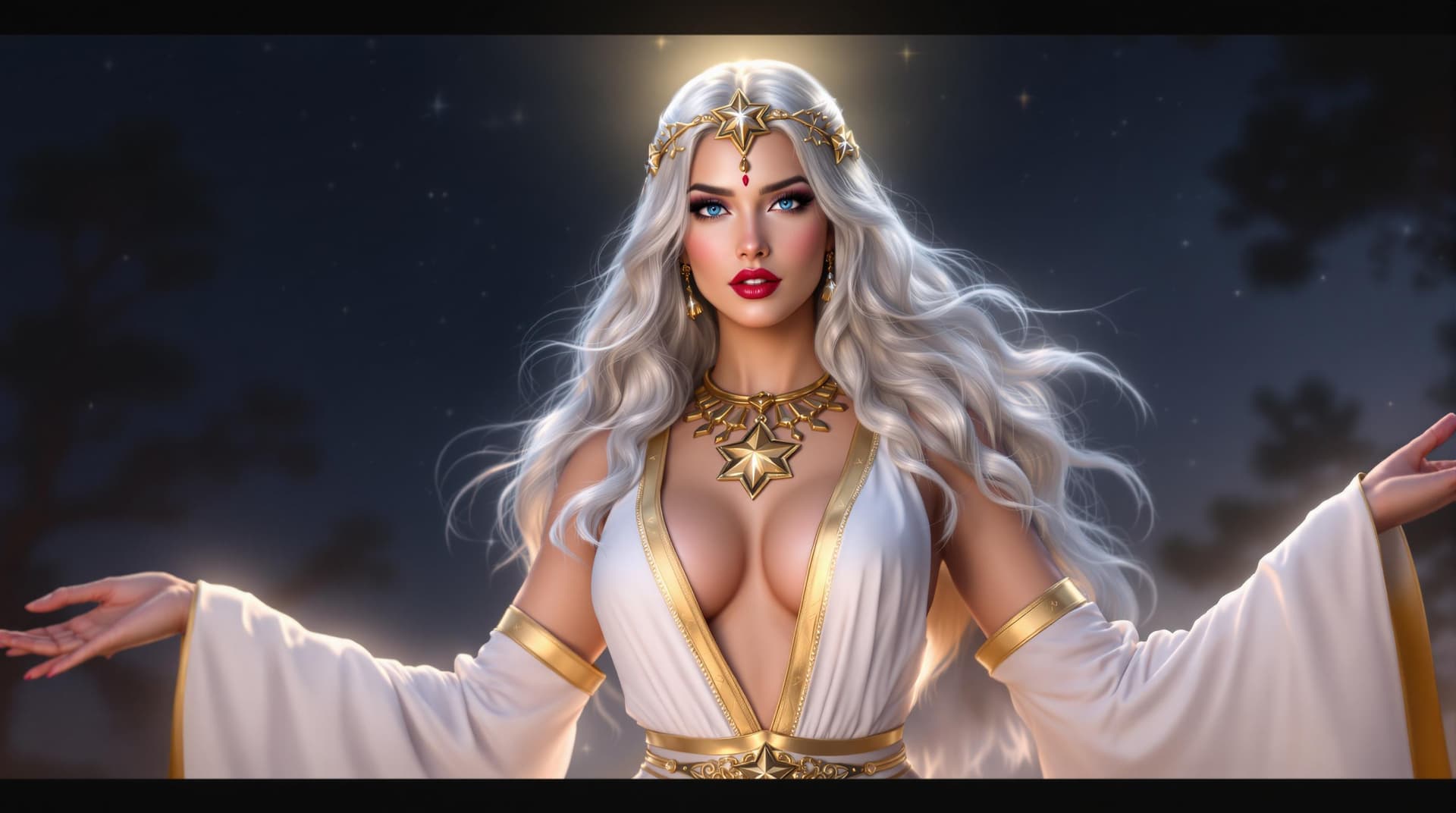 AI generated: a digital artwork of a woman with long silver hair and blue eyes, wearing a white dress with gold tr...