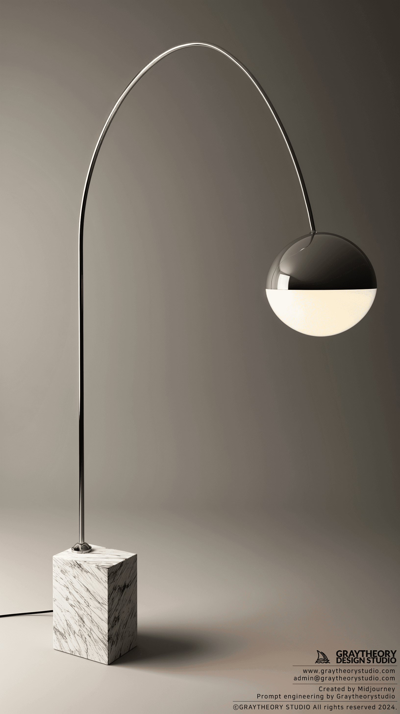 AI generated: Flos Arco Floor Lamp, distinctive arching design, Nikon Z7 II, 85mm f/1.8 lens, Highlight the sleek ...