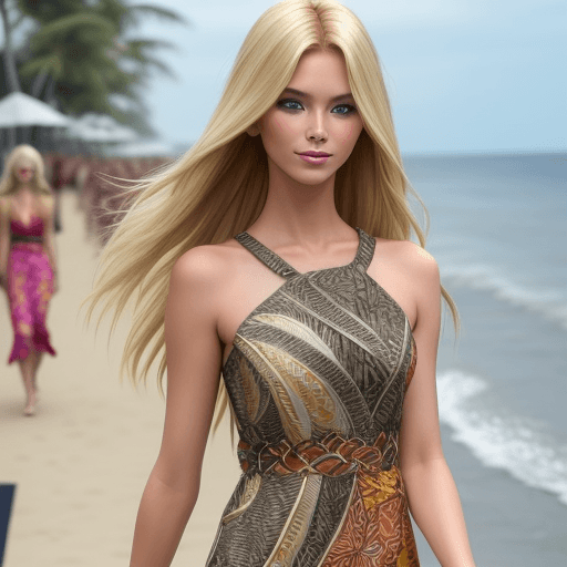AI generated: Gorgeous, blonde, developing hair in summer outfits with intricate batik designs on the catwalk duri...