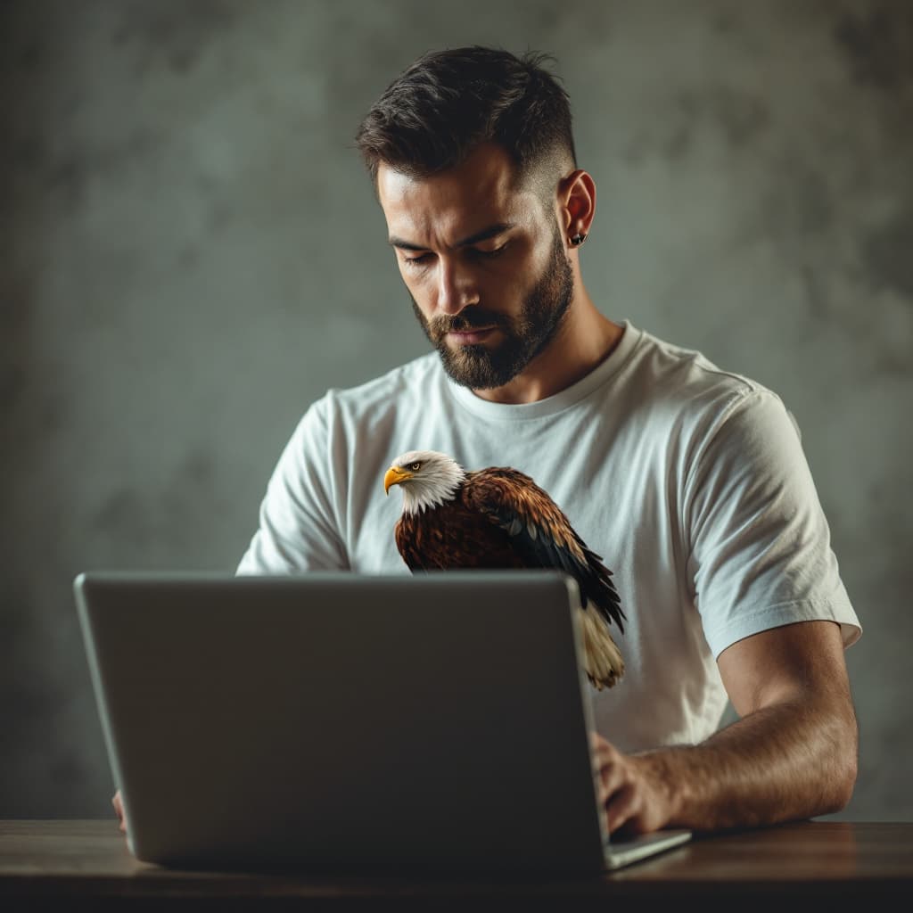 AI generated: Photo of a ultra realistic a man is alone with laptop he has t-shirt with picture eagle