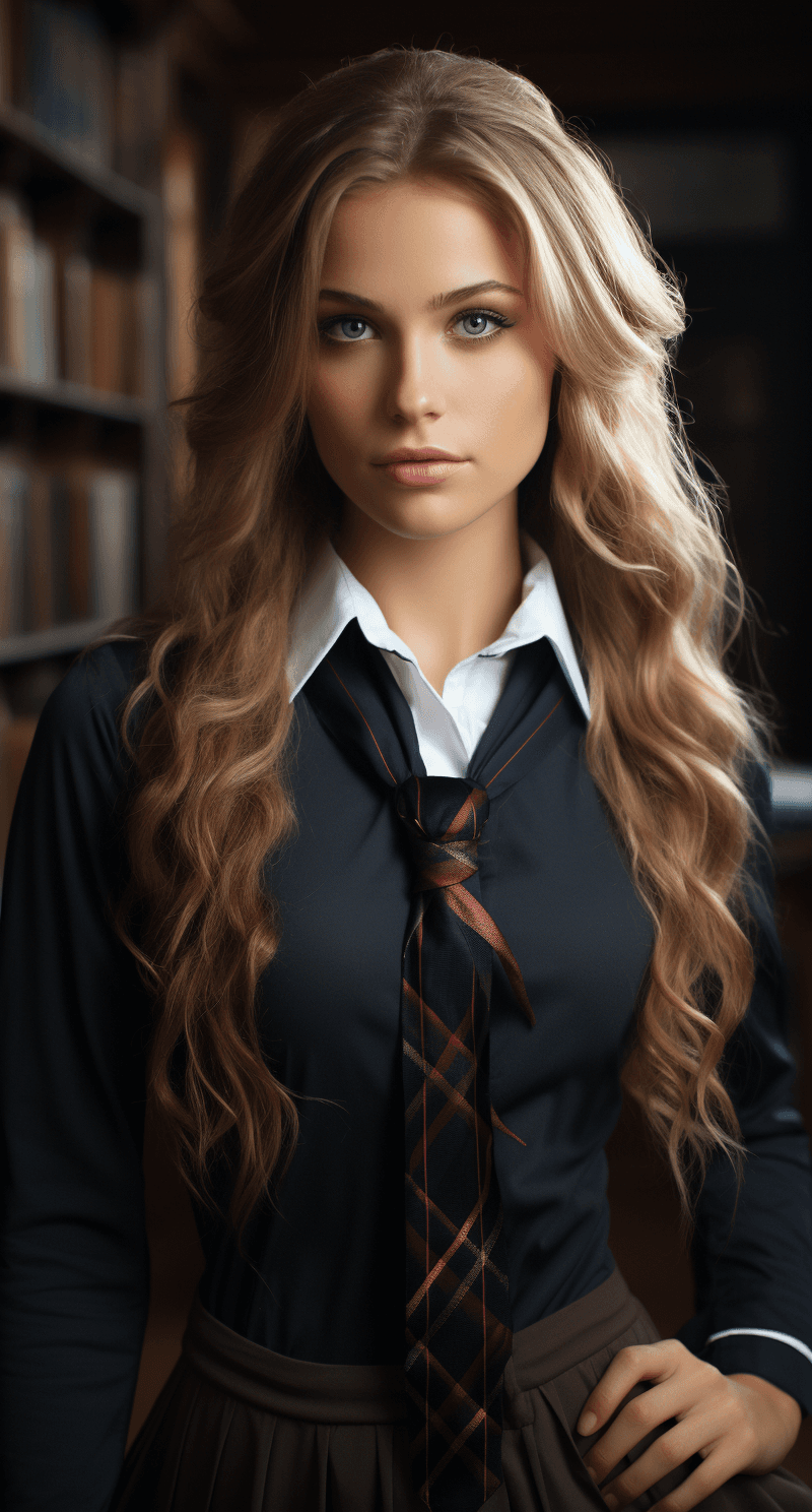 AI generated: school girl hd 1640px, in the style of stylish costume design, photo-realistic techniques, light mar...