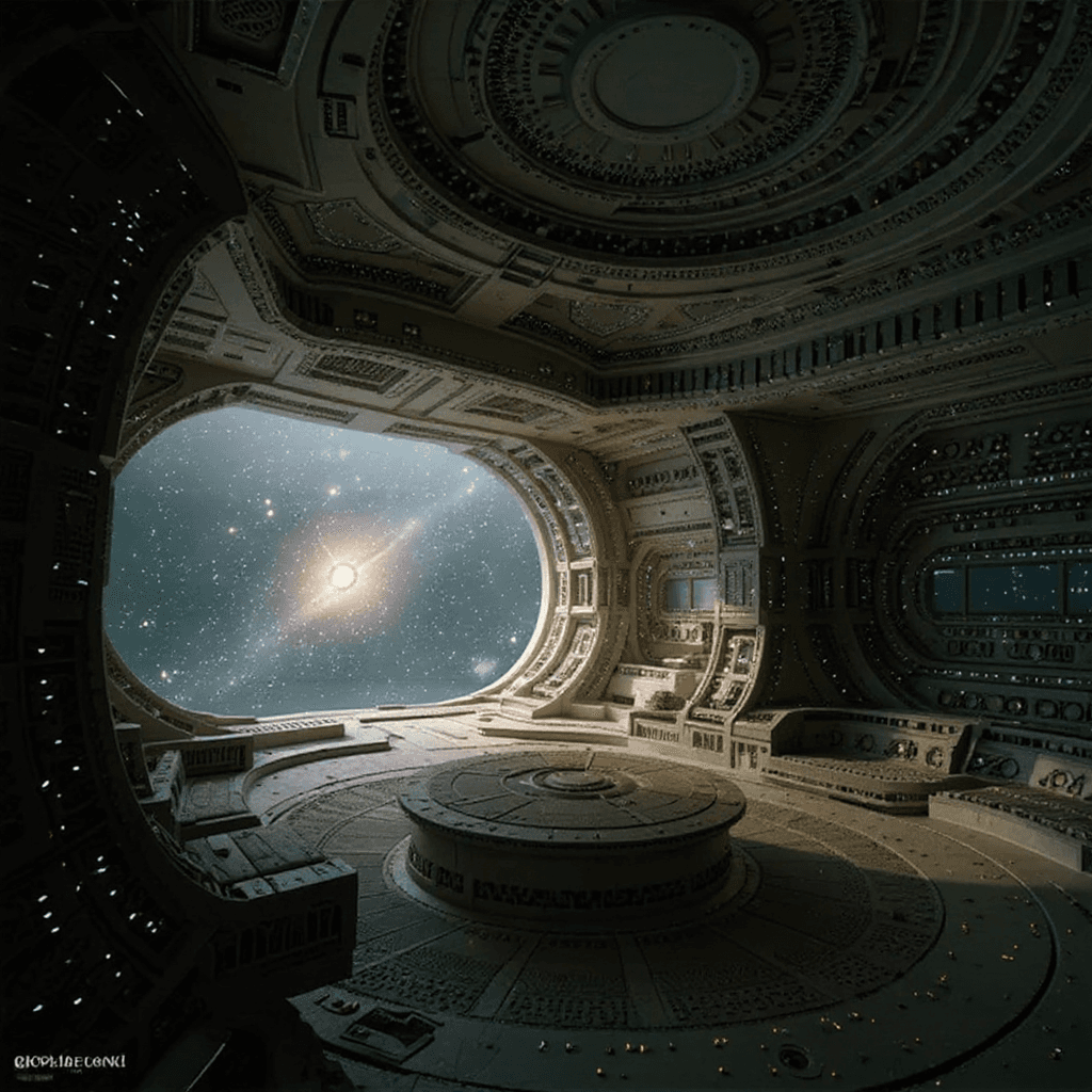 AI generated: Interior of a large cosmic spaceship envisioned through clairvoyance, highly detailed and accurate d...