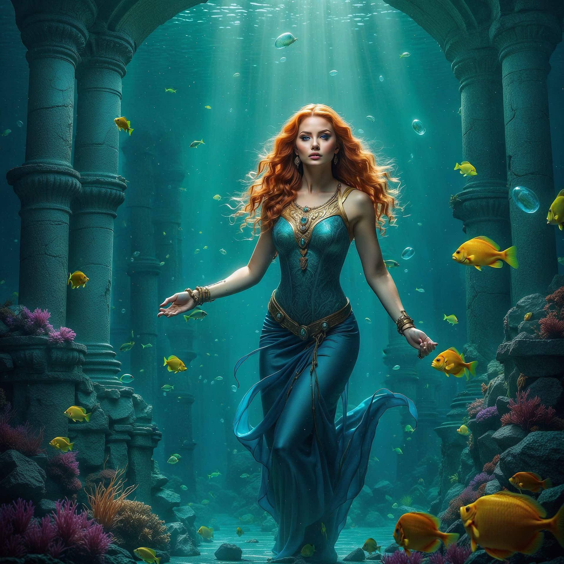 AI generated: epic wonderful colourful underwaterworld,mystique,ancient ruins,mermaids,air bubbles,dynamic lights,...