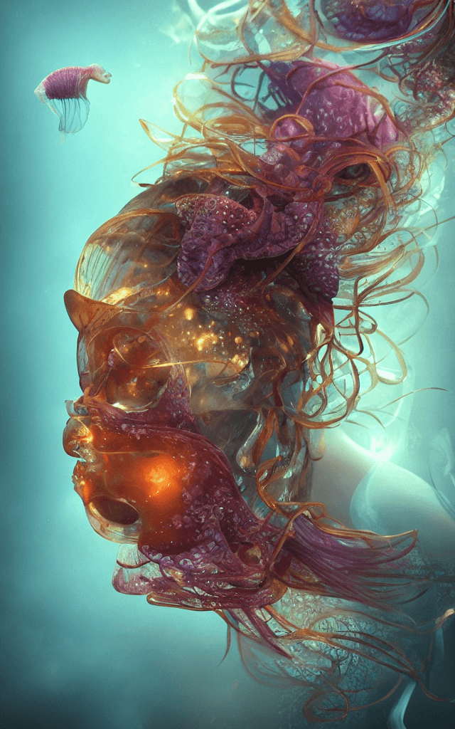 AI generated: Goddess close-up portrait ribcagel. jellyfish phoenix head, nautilus, orchid, skull, betta fish, bio...
