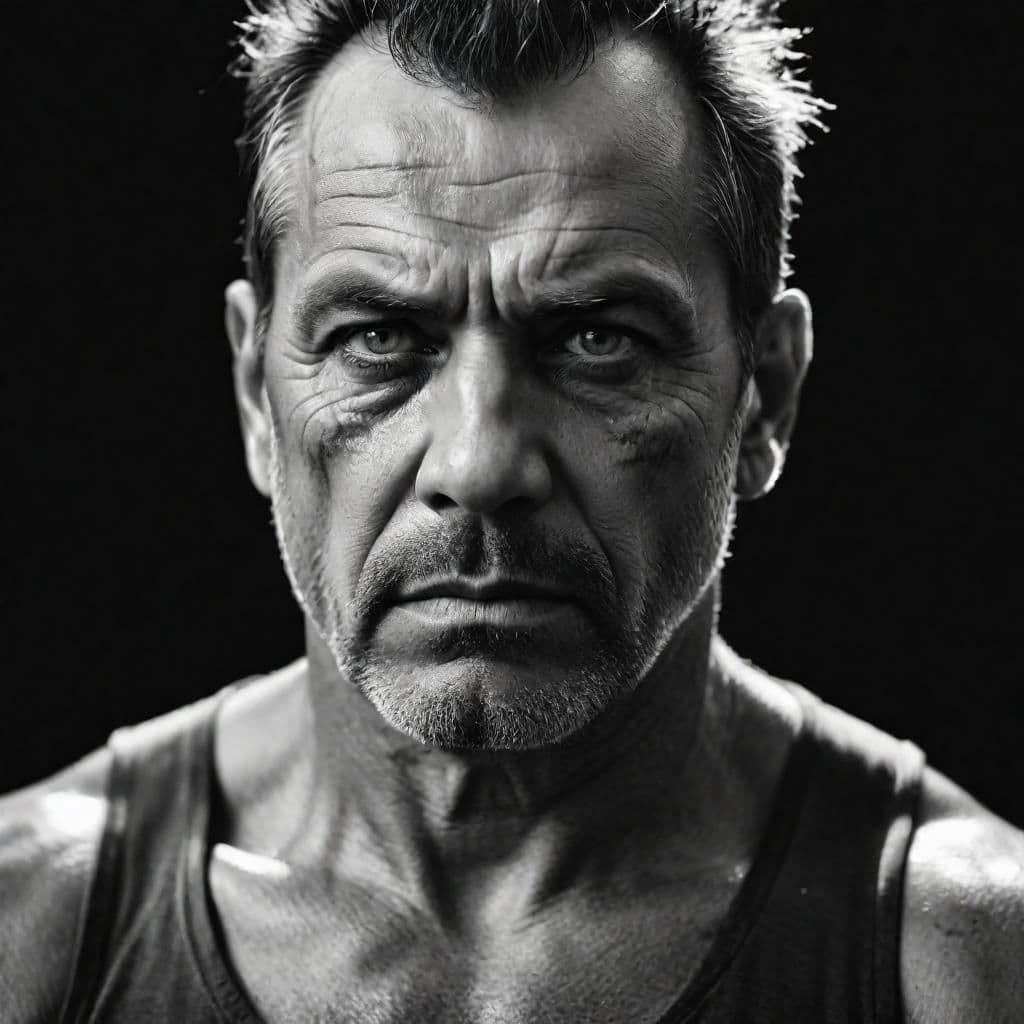 AI generated: black and white photograph close up portrait, 55-year-old tough man, piercing eyes, serious, stoic, ...