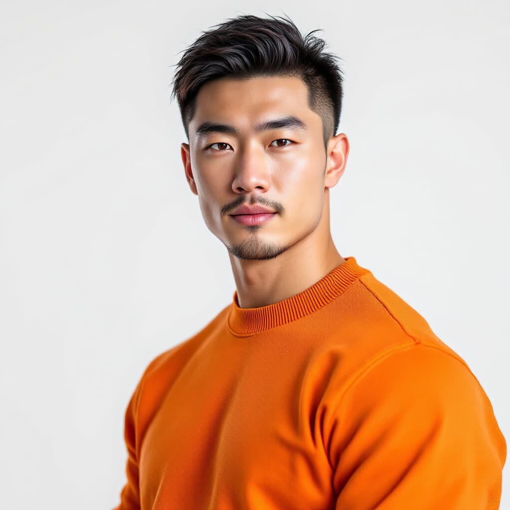 AI generated: handsome chinese male,upper body portrait,orange sweater,white background,big muscle，
