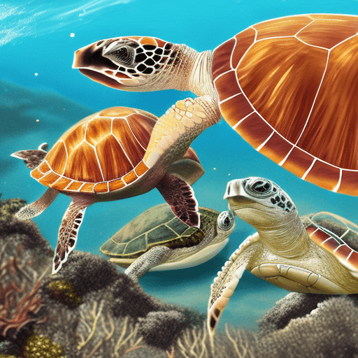 AI generated: hyper realistic sea turtles in the ocean, having a party