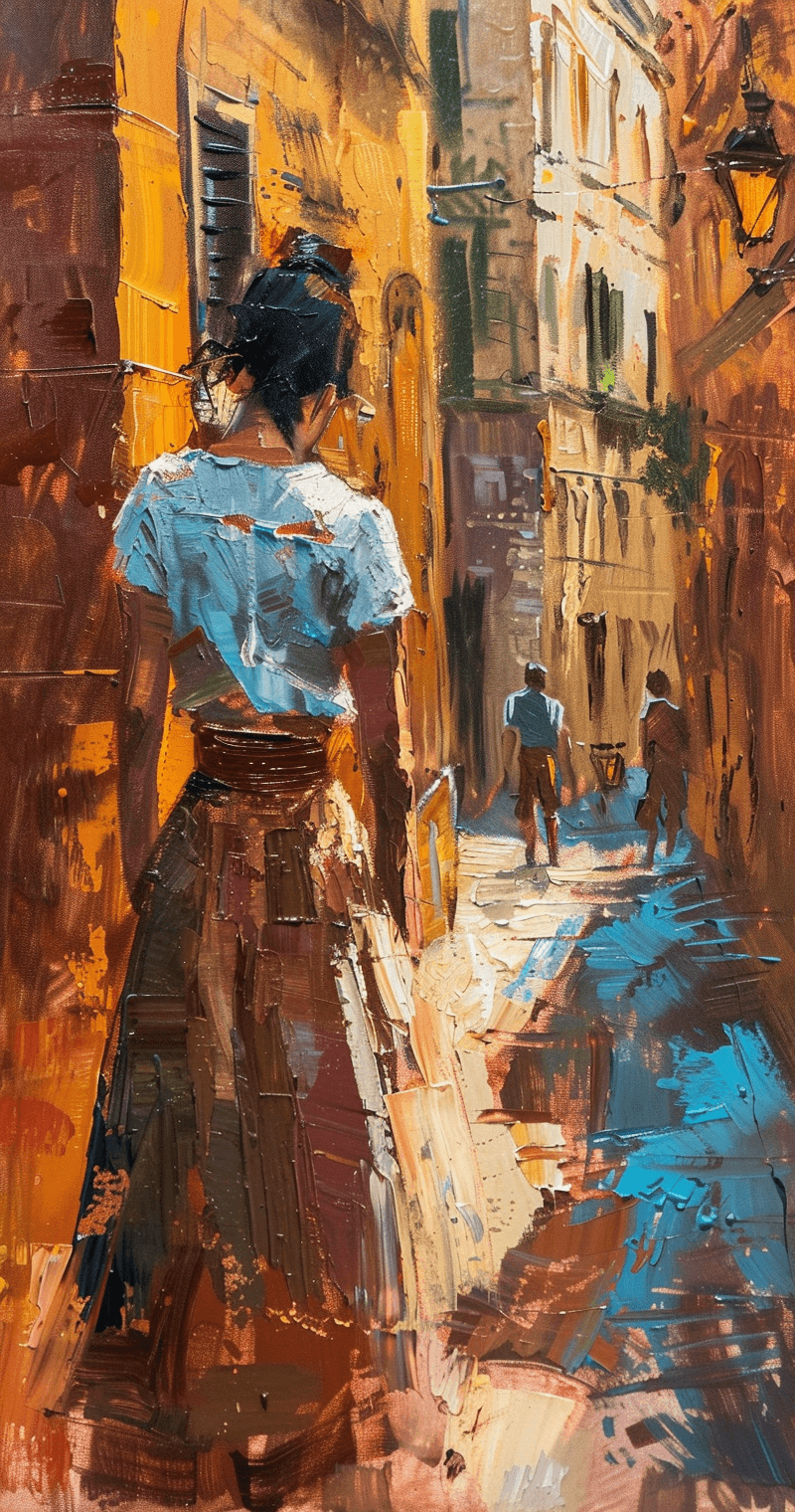 AI generated: impressionist painting of a an Italian woman on the streets of Rome, in the style Hopper, delicate a...