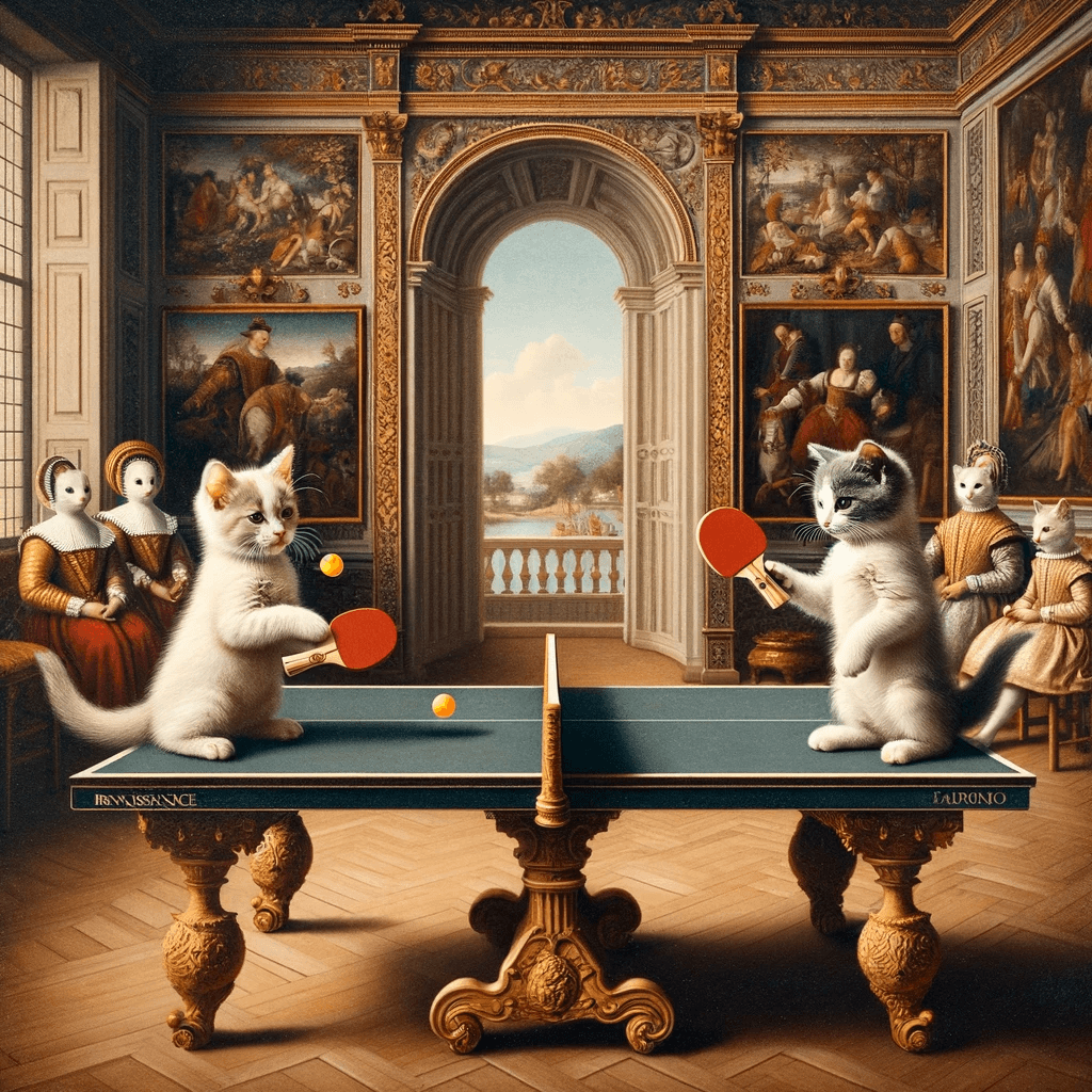 AI generated: Create an image in the style of a Renaissance painting, depicting two kittens playing ping pong. The...