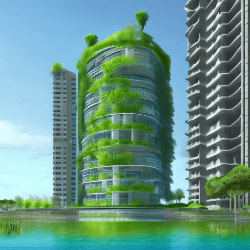 AI generated: exterior perspective of a futuristic high rise building, rising sea levels, green space, living with...