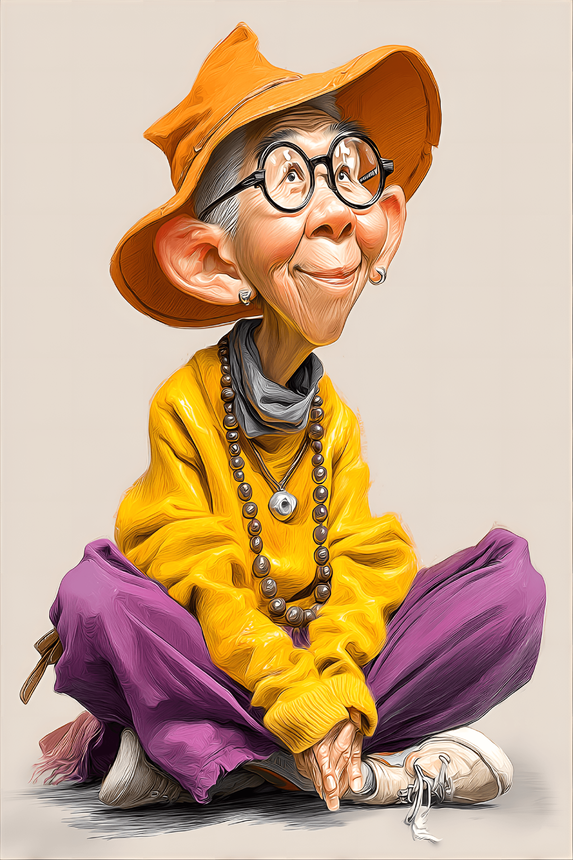 AI generated: funny caricature, animated character caricature, elderly asian female, 62 years old, thin, spectacle...