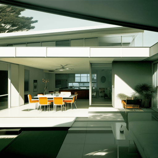 AI generated: Hyper realistic eye level exterior photo of a mid century modern style house overlooking the ocean, ...