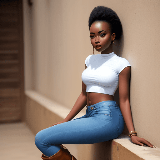 AI generated:  a very beautiful African girl aged 25 years old wearing a crop top and short jeans and sportive whi...