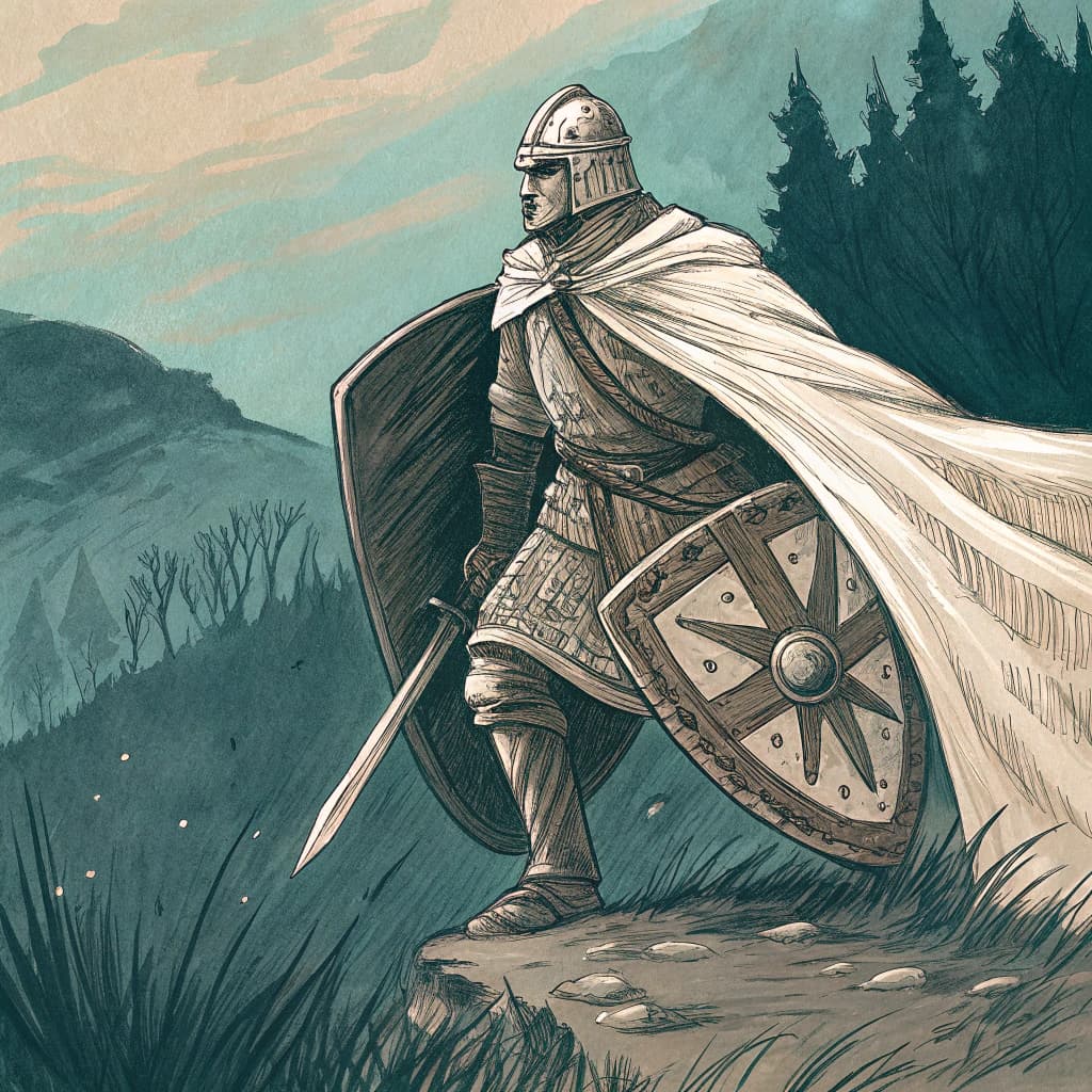 AI generated: a drawing of a knight with shield and cloak, in the style of adventure pulp, dark white and bronze, ...