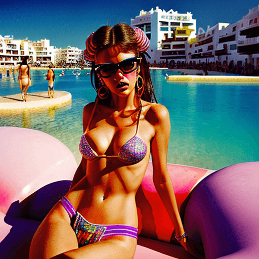 AI generated: hot summer girl in ibiza, in the style of david lachapelle, surreal photography, hypermaximalist 