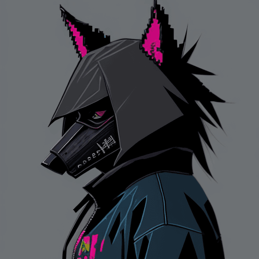AI generated: Image for a Hotline Miami style pixelart character. A guy with a black wolf mask and a torn black ja...