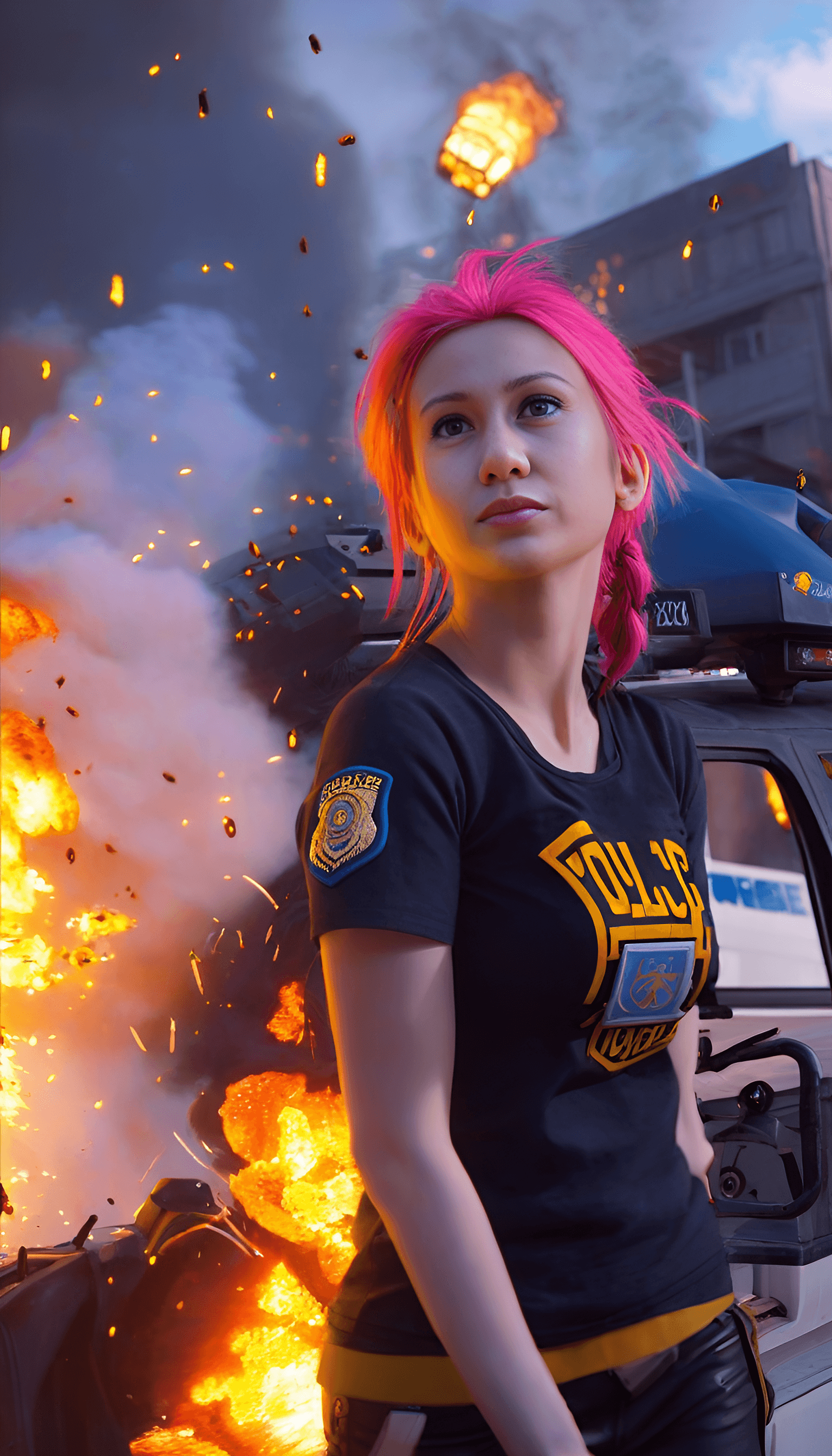 AI generated: Jinx, on top of a police car, explosions behind her, fire, chaos, minigun, far view, bullet hell, <l...