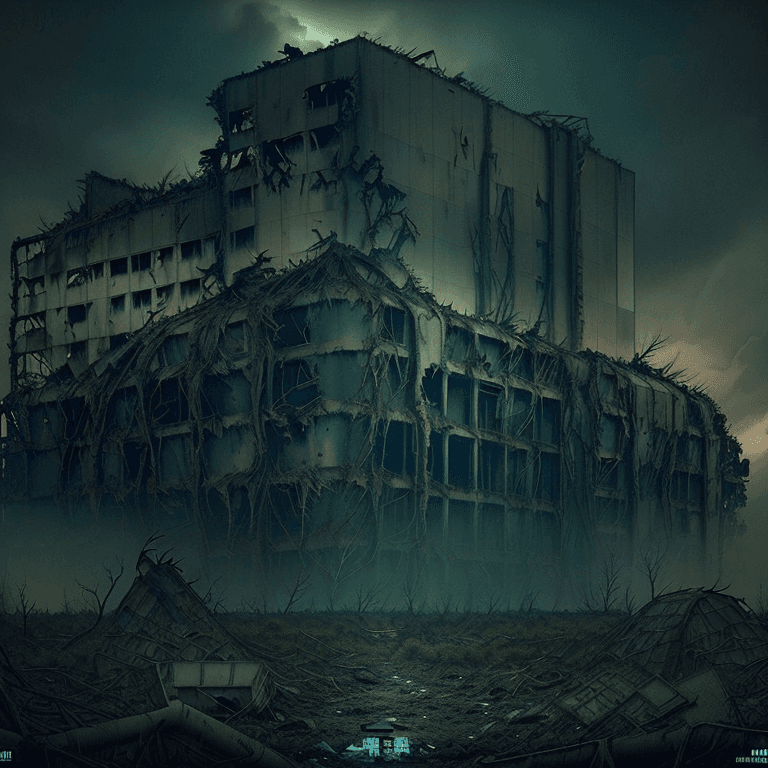 AI generated: movie still, Fukushima Nuclear Power Plant, ruins, mutated creature, collapsed debris, dystopian atm...