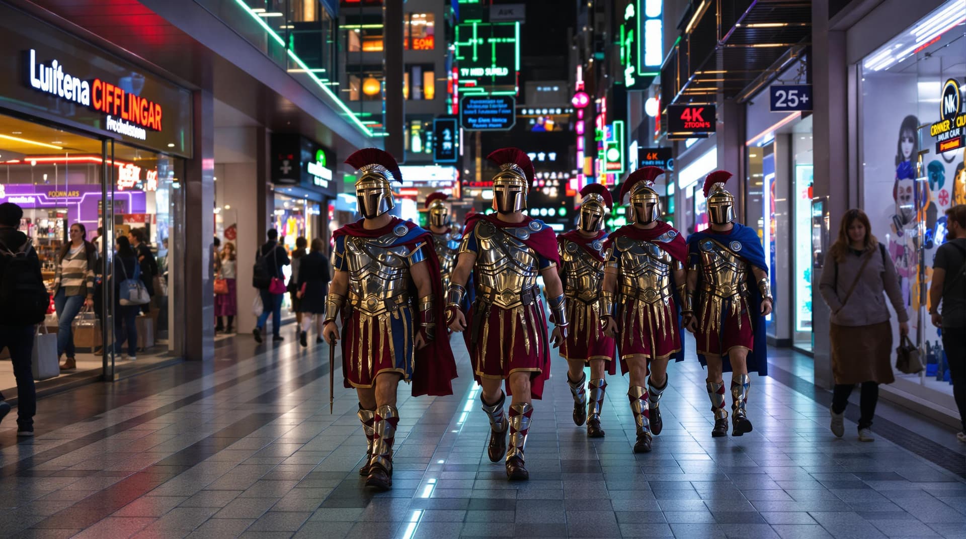 AI generated: 5 Roman soldiers walking through a modern, neon-lit shopping street, unnoticed by passers-by. Highly...