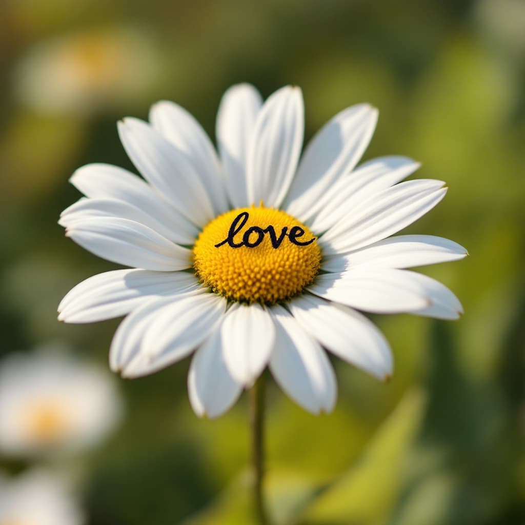 AI generated: you can see a daisy flower up close, the flower has love written on every other white petal.