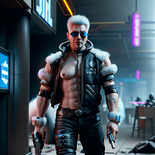 AI generated: Hyper realistic eye level anthropomorphic husky furry warrior in a cyberpunk 2077 setting holding hi...