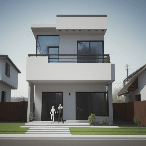 AI generated: A modern house with two people and a dog in front, 8k