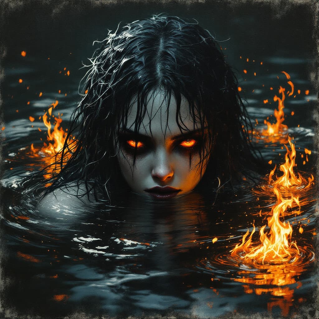 AI generated: A dark adult fairy emerges from the water, only the head visible, intense eyes, wet hair, dark makeu...