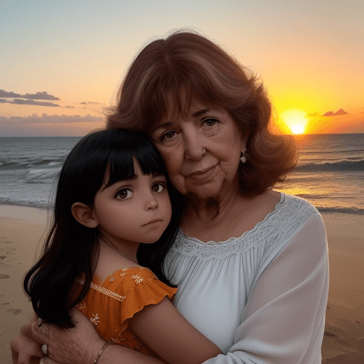 AI generated: Atardecer de un sol gigante, observado por una mamá señora 70 años cabello canoso y su hija mujer de...