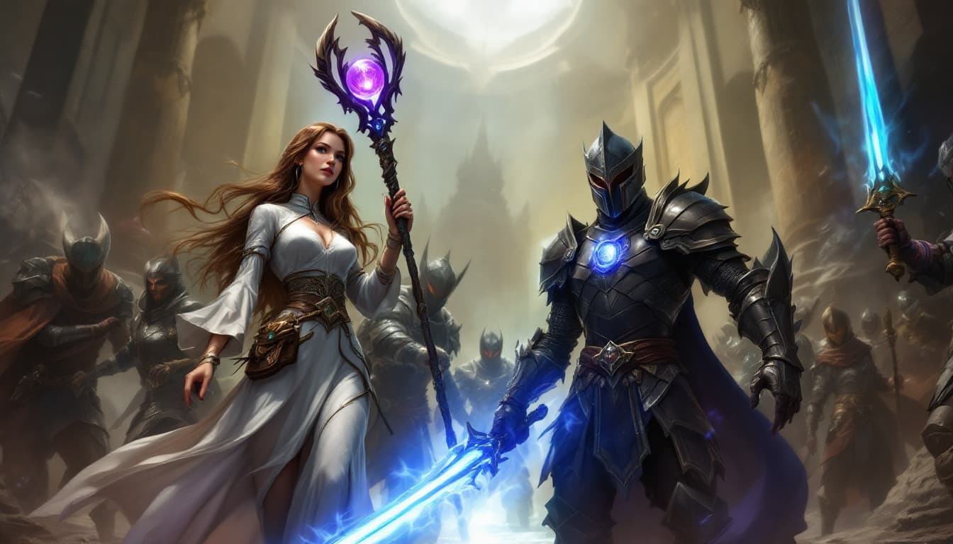 AI generated: A fantasy battle scene with seven characters, including a woman with long brown hair and a white dre...