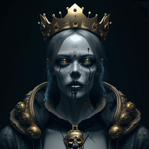 AI generated: a skull with golden crown on his head, in the style of cyberpunk imagery, vray tracing, intricate bo...