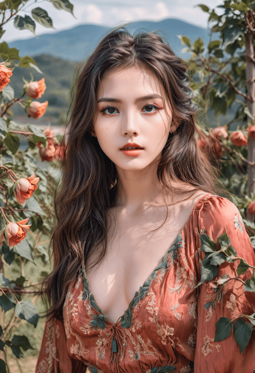 AI generated: HDR photo of beautiful young woman, light makeup, long dark hair, dark eyes staring intently at the ...