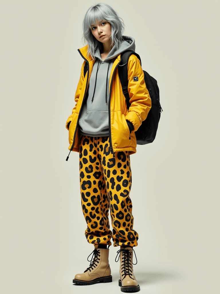 AI generated: Full-body pose of a woman with silver-gray hair, wearing a yellow leopard-print jacket and pants, gr...